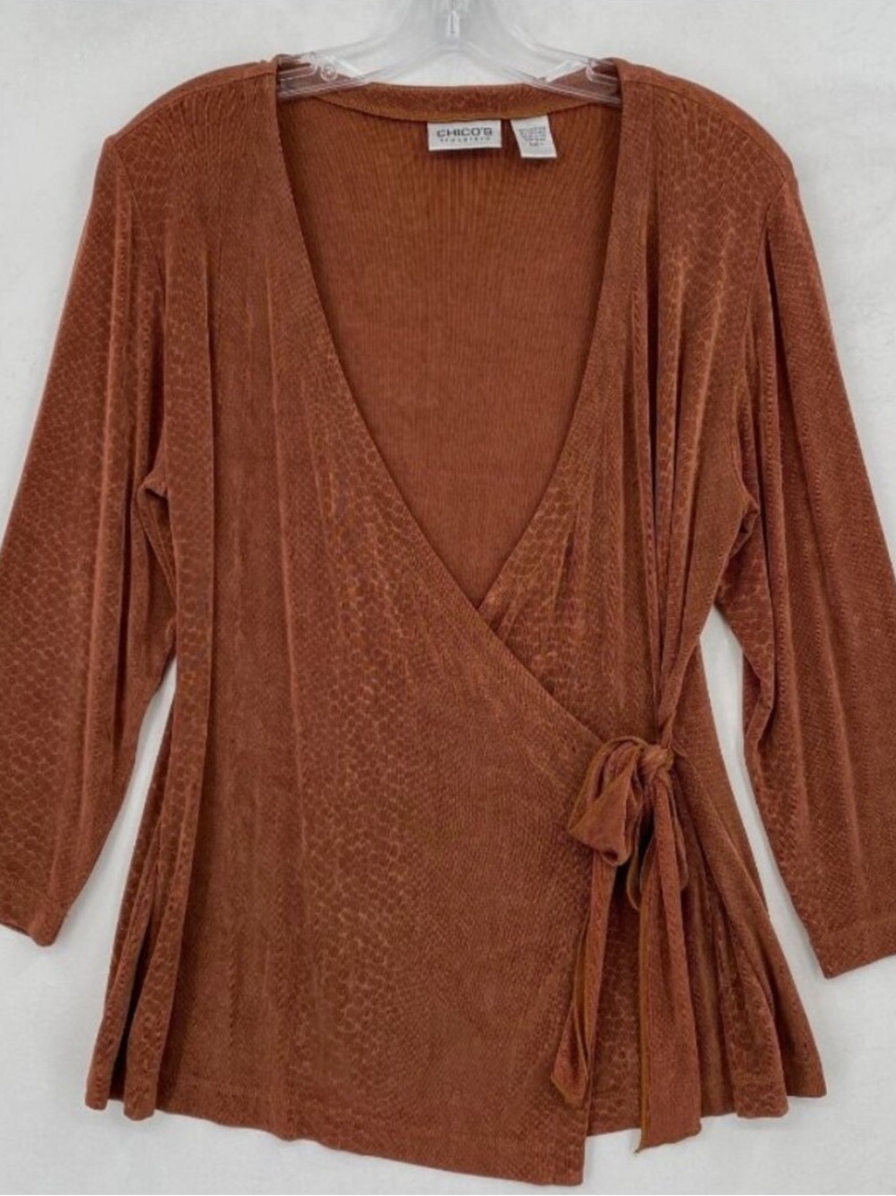 Chico's 3 Travelers Snakeskin Stretch Wrap Top Blouse Brown Orange